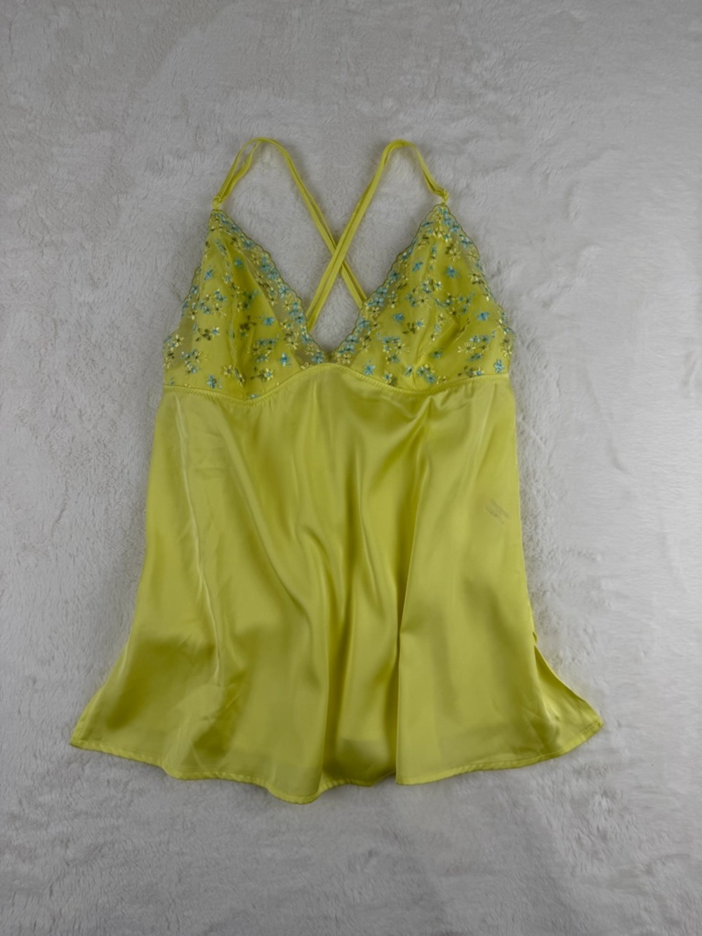 La vie en rose satin Embroidered Chemise Camisole in Lemon Yellow - M